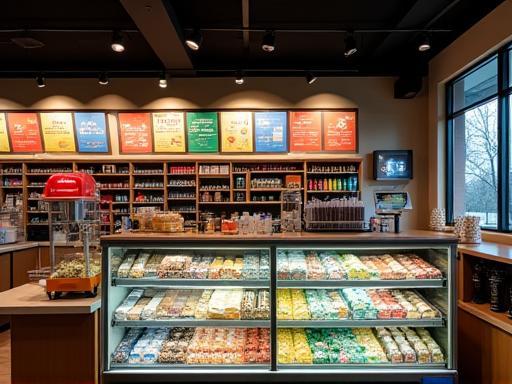 Modern concession stand with variety of snacks at Gulf Vision Cinemas