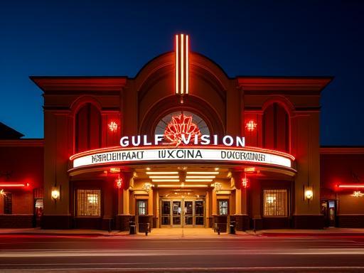 Entrance of Gulf Vision Cinemas at night with glowing lights